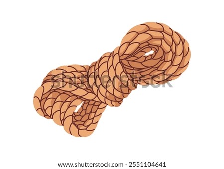 Coiled lasso. Strong thick braided cord, tied rope. Natural jute and hemp string, sturdy soft twine accessory, tool, gear, cordage. Flat cartoon vector illustration isolated on white background