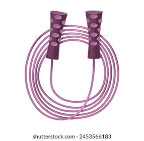 Coiled purple jump rope with ergonomic handles. Digital illustration of fitness equipment. Exercise and active lifestyle concept.