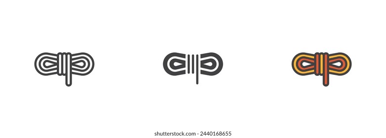 Aufgewickeltes Seil unterschiedlichen Stils Icon Set. Linie, Glyphe und gefüllte Kontur farbige Version, Kontur und gefüllte Vektor-Zeichen. Seilstrang-Symbol, Logo-Illustration. Vektorgrafik