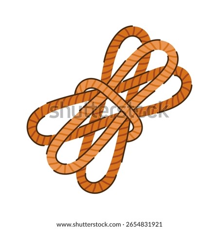Coiled rope with knot, vector icon. Equipment for camping, climbing, boating. Twisted string made of strong fiber. Hand drawn illustration, cartoon doodle isolated on white. Thread with loops