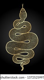 Coiled snake detailed illustration. Tribal golden serpent isolated over black background. Vector tattoo design.