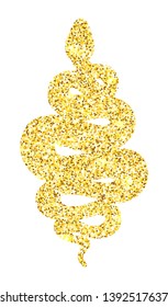 Coiled snake golden glitter illustration. Tribal serpent isolated over white background. Vector reptile design.
