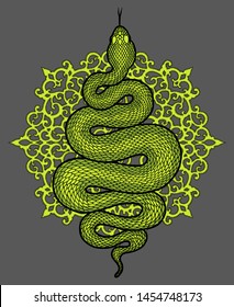 Coiled snake over floral mandala detailed illustration. Green tribal serpent isolated over dark background. Vector tattoo design.