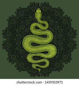 Coiled snake over floral mandala detailed illustration. Green tribal serpent isolated over dark background. Vector tattoo design.