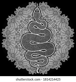 Coiled snake over floral mandala detailed illustration. Tribal serpent in white isolated over black background. Vector tattoo design.