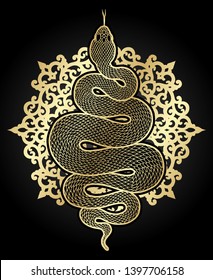Coiled snake over ornate mandala detailed illustration. Tribal golden serpent isolated over black background. Vector tattoo design.