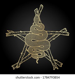 Coiled snake over sticks pentagram detailed illustration. Tribal occult golden serpent isolated over black background. Vector magic witchcraft design.