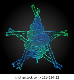 Coiled snake over sticks pentagram detailed illustration. Tribal occult bright blue and green serpent isolated over black  background. Vector magic witchcraft design.