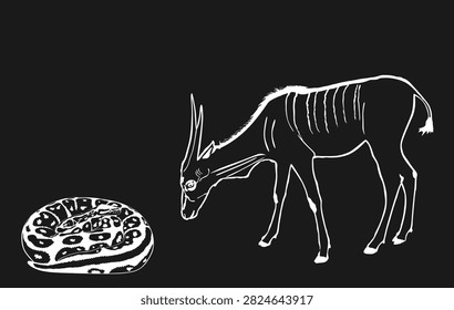 Coiled snake python chasing eland antelope grazing vector illustration isolated. Curl snake in camouflage skin wait to attack prey. Dangerous muscular reptile silent killer. Cold blood predator animal