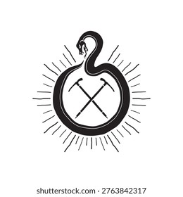 A coiled snake resembling the Ouroboros symbol
Two crossed ice axes