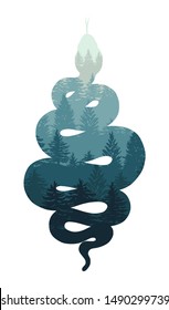 Coiled snake silhouette with forest trees illustration. Tribal serpent isolated over white background. Vector double exposure reptile nature design.