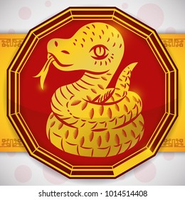 Coiled snake silhouette in golden color inside in a red dodecagon shape, over a yellow ribbon with pattern.