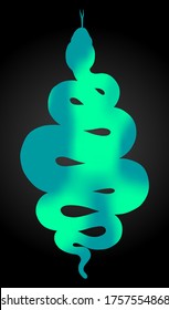 Coiled snake vector illustration. Tribal turquoise green serpent silhouette design isolated over black background.