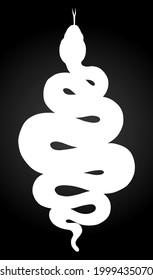Coiled snake vector silhouette illustration. Tribal white serpent design in white isolated over black background.