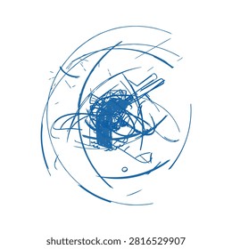 Coiled spring sketch with circular lines blue line art on white background