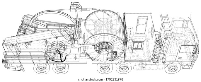 Coiled tubing machine technical wire-frame. EPS10 format. Vector created of 3d.