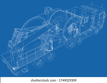 Coiled tubing machine technical wire-frame. EPS10 format. Vector created of 3d.