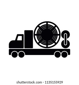 Coiled tubing truck isolated; black flat vector icon for oil and gas industry