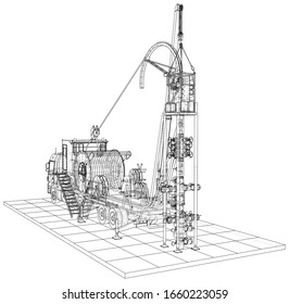 Coiled tubing Truck unit machine. The layers of visible and invisible lines are separated. EPS10 format. Wire-frame.