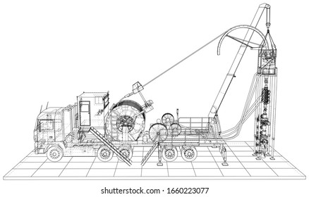 Coiled tubing Truck unit machine. The layers of visible and invisible lines are separated. EPS10 format. Wire-frame.