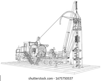 Coiled tubing Truck unit machine. The layers of visible and invisible lines are separated. EPS10 format. Wire-frame.