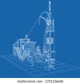 Coiled tubing Truck unit machine. The layers of visible and invisible lines are separated. EPS10 format. Wire-frame.