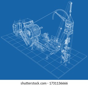 Coiled tubing Truck unit machine. The layers of visible and invisible lines are separated. EPS10 format. Wire-frame.