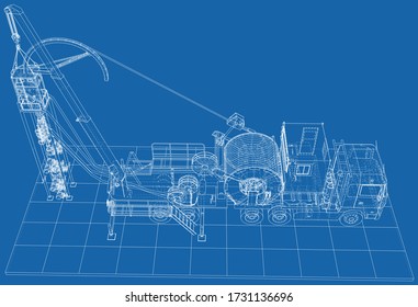 Coiled tubing Truck unit machine. The layers of visible and invisible lines are separated. EPS10 format. Wire-frame.