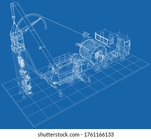 Coiled tubing Truck unit machine. The layers of visible and invisible lines are separated. EPS10 format. Wire-frame.