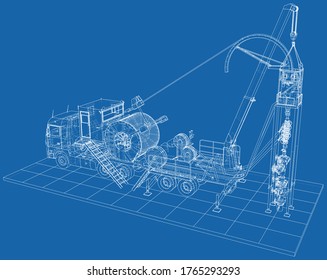 Coiled tubing Truck unit machine. The layers of visible and invisible lines are separated. EPS10 format. Wire-frame.