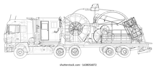 Coiled tubing unit machine. The layers of visible and invisible lines are separated. EPS10 format. Wire-frame.