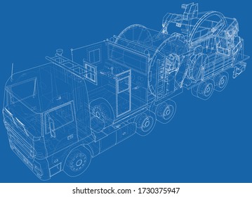 Coiled tubing unit machine. The layers of visible and invisible lines are separated. EPS10 format. Wire-frame.