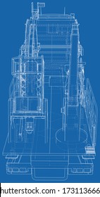 Coiled tubing unit machine. The layers of visible and invisible lines are separated. EPS10 format. Wire-frame.