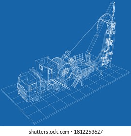 Coiled tubing unit machine. The layers of visible and invisible lines are separated. EPS10 format. Wire-frame.