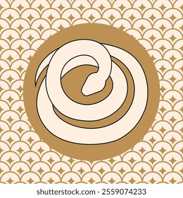 Coiled white snake in golden circular frame with geometric patterned background. Symbol of 2025 Chinese New Year. Vector illustration