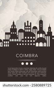 Coimbra town template for website, presentation, front page, invitation, publication sheet with skyline, landmarks. Vector image layout, simple and grayscale for Portugal