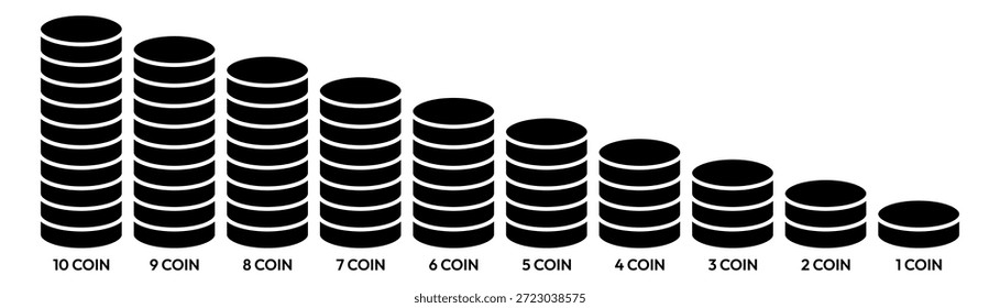 Conjunto de ícones Coin 1, 2, 3, 4, 5, 6, 7, 8, 9, 10. Dinheiro, orçamento, poupança, empréstimo, dinheiro, ganho, renda, carteira, moeda, dólar, moedas, forex, receita, ícones de lucro. Coleção de ícones de linha de negócios Financeiros.