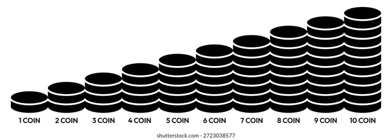 Conjunto de ícones Coin 1, 2, 3, 4, 5, 6, 7, 8, 9, 10. Dinheiro, orçamento, poupança, empréstimo, dinheiro, ganho, renda, carteira, moeda, dólar, moedas, forex, receita, ícones de lucro. Coleção de ícones de linha de negócios Financeiros.