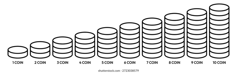 Coin 1, 2, 3, 4, 5, 6, 7, 8, 9, 10 icon set. Money, budget, savings, loan, cash, earning, income, wallet, currency, dollar, coins, forex, revenue, profit icons. Finance business line icon collection.