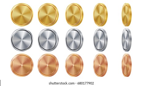 Coin 3D Gold, Silver, Bronze Vector. Coin Blank Set. Realistic Template. Flip Different Angles. Investment, Web, Game App Interface Concept. Coin Icon, Sign, Banking Cash Symbol. Currency Isolated
