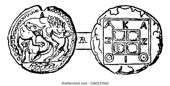 Coin of Acanthus had a kneeling bull design which symbolized sacrifice, vintage line drawing or engraving illustration.