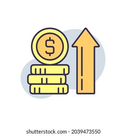 Coin with arrow RBG color icon. Currency. Increase in income. Exchange thin line vector illustration.