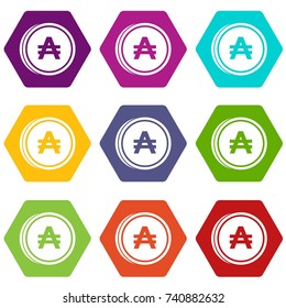 Coin austral icon set many color hexahedron isolated on white vector illustration