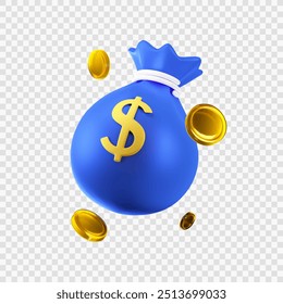 saco de moedas com moedas douradas flutuando em torno de ícone de ilustração 3d vetor estilo cartoon
