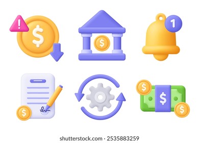 Coin, bank, bell, contact, gear, banknote. Business 3d vector icon set. Cartoon minimal style.