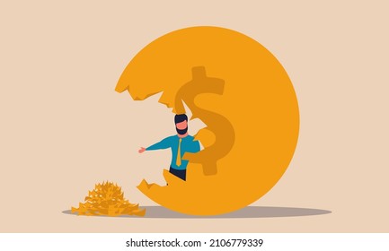 Coin bank broken and company investment money to business. Loan finance and earning vector illustration concept. Bankruptcy economy and debt dollar. Financial fund collapse and cost mistake budget.
