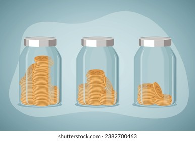 Coin bank with decreasing piles of coins. Saving inflation, financial crisis and loosing money concept.