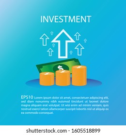 Coin and bank note with arrow moving up. Money growth investment finance concept. EPS10 vector illustration.