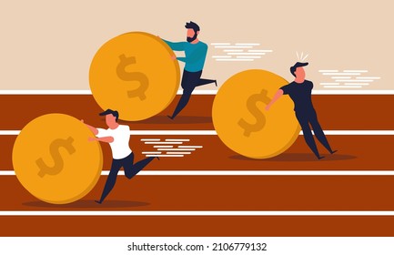 Coin bank race and fast economy challenge. Growth wealth and get 401k money vector illustration concept. Businessman running and trade virtual currency. Investment horizontal sprint or finance income 