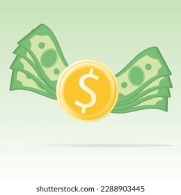 Coin and banknotes as wings flying. 3D vector illustration isolated on green background.